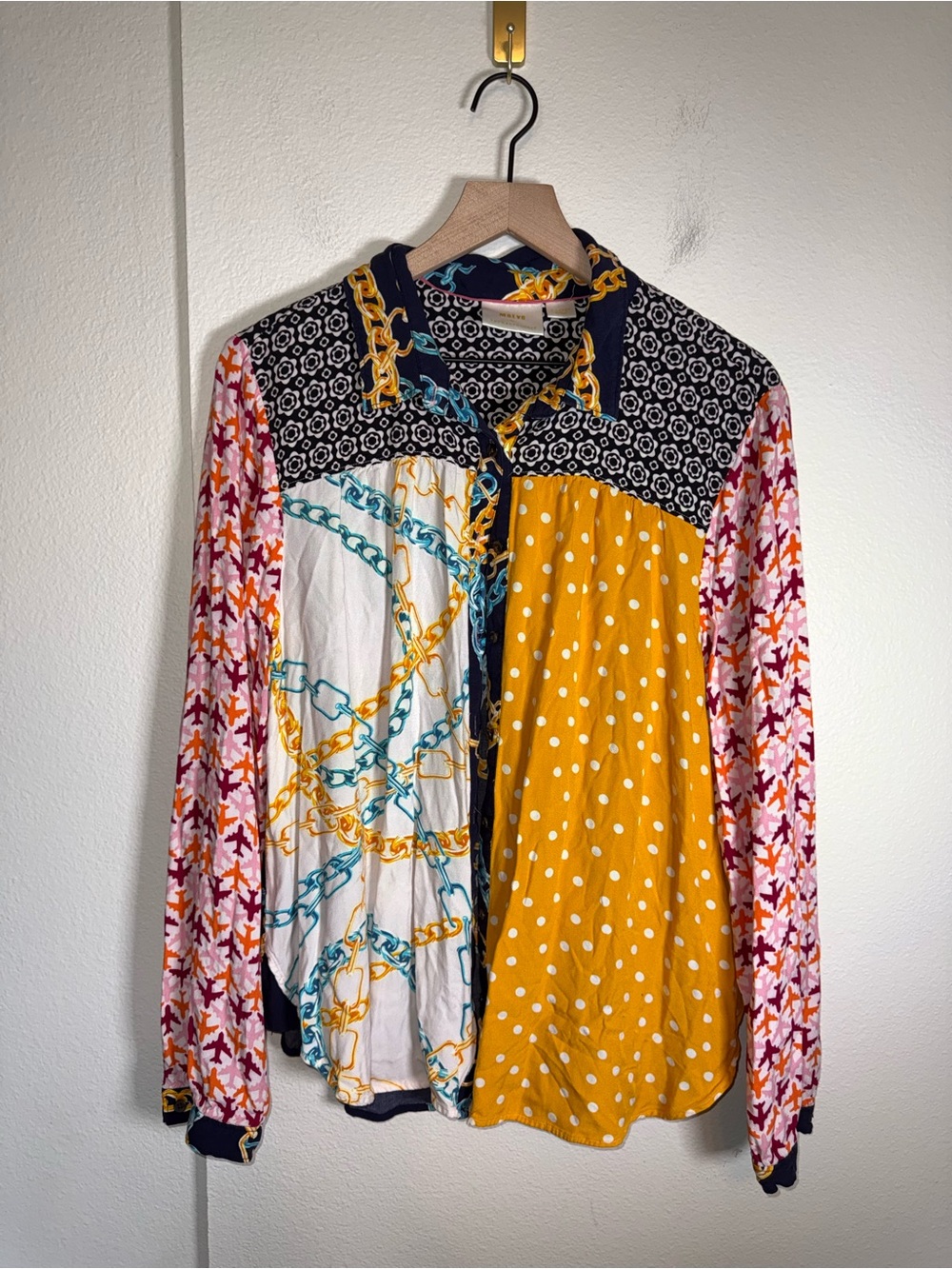 MAEVE ANTHROPOLOGIE patchwork jean Paul gautier inspired button up blouse XL